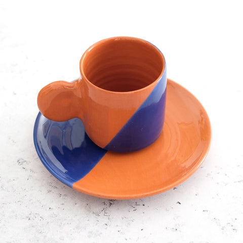 Espresso Cup & Saucer - Terracotta and blue