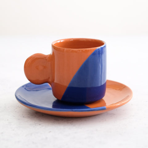 Espresso Cup & Saucer - Terracotta and blue